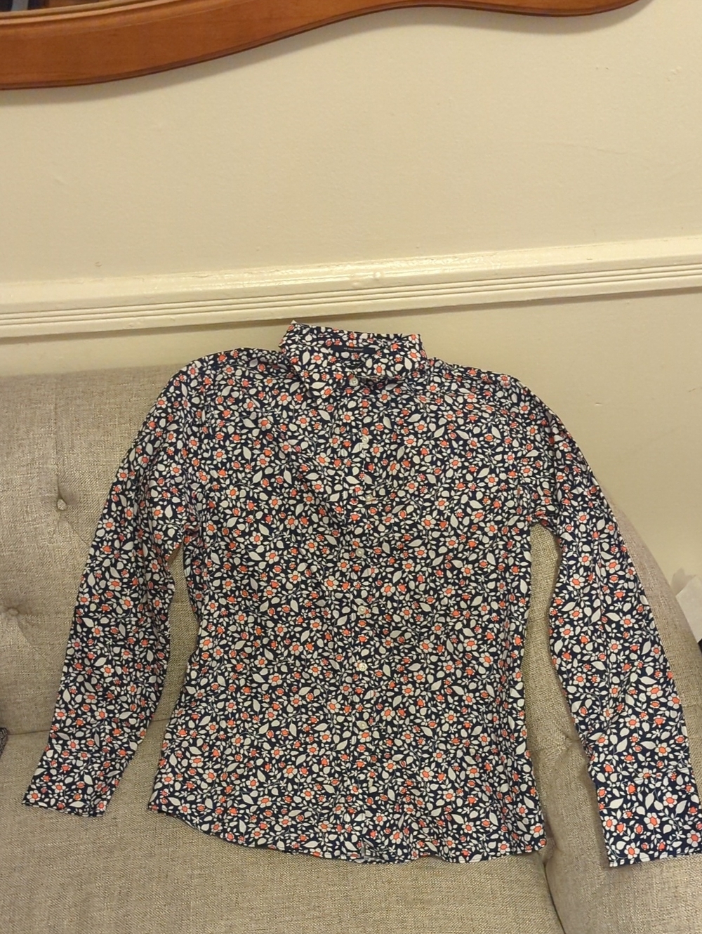 Lands' End Navy Floral Mock Neck Long Sleeve Top